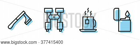 Set Line Cup Of Tea With Tea Bag, Wooden Axe, Binoculars And Lighter Icon. Vector