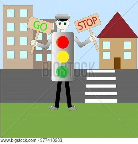 Cartoon Traffic Light With Signs, Vector Illustration