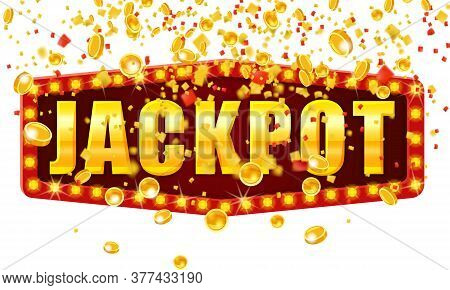 Jackpot Winner Banner Shining Retro Sign Illuminated By Spotlights Falling Coins And Confetti. Lotte