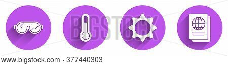 Set Ski Goggles, Meteorology Thermometer, Sun And Passport Icon With Long Shadow. Vector