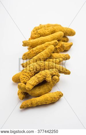 Haldi Or Dried Turmeric Roots As A Whole On White Background