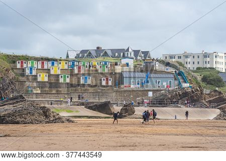 Multi Coloured Beach Huts Facing The Beach At Bude, Cornwall Uk July 6 2020
