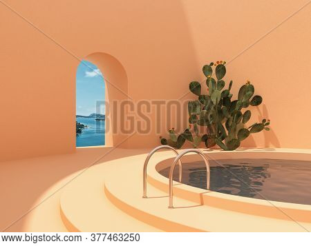 Swimming pool in hall with window and cactus, conceptual art in bright colors, 3D illustration, rendering.