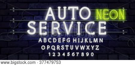 White Vector Neon Tube Alphabet Font. Neon Color Letters, Numbers And Symbols. Stock Vector Typeface