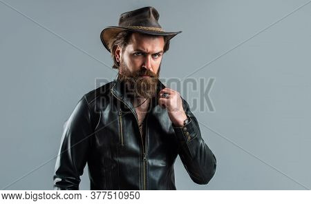 Western Man In Leather Jacket. Mature Bearded Man. Confidence And Charisma. Handsome Man Wear Cowboy