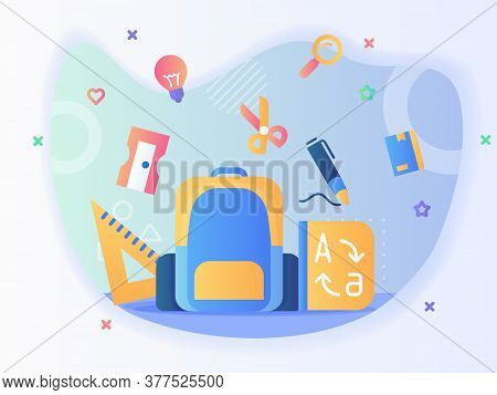 Backpack And Stationary Icon Set Ruler Sharpener Scisor Pen Dictionary Back To School Concept With F