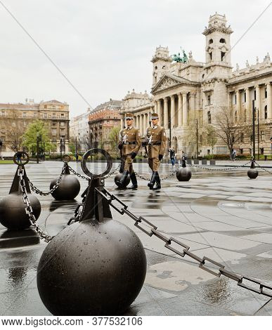 Budapest, Hungary - 17 April 2018: Honor Guard At The Hungarian Parliament.