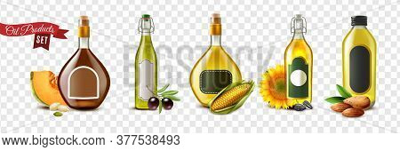 Realistic Oil Product Transparent Icon Set With Almond Pumpkin Seed Olive Corn And Sunflower Oils Ve