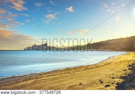 Talamone Beach And Village At Sunset. Italian Travel Destination In Maremma. Grosseto, Tuscany, Ital