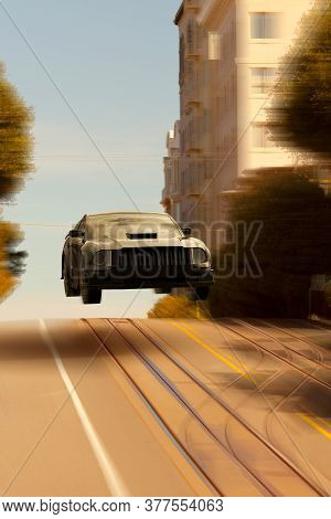 3d Rendering Of A Car Jumping In The Hills Of San Francisco, California, United States