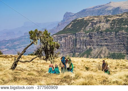 Simien Mountains, Ethiopia - Feb 07, 2020: Ethiopian People At Simien Mountains National Park In Eth
