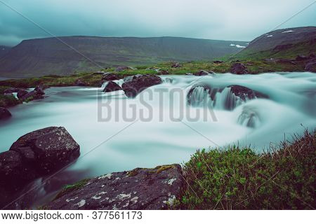 Part Of Dynjandi, Fjallfoss, Waterfall, Iceland. Long Exposure Icelandic Summer Landscape