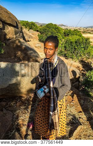 Aksum, Ethiopia - Feb 08, 2020: Ethiopian Girl On The Road From Axum To The Simien Mountains, North 