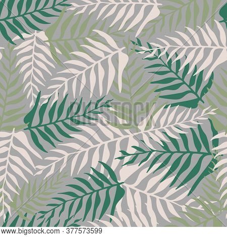 Palm Leaves, Tropical Motifs On A Seamless Pattern. Vector Print On A Gray Background.