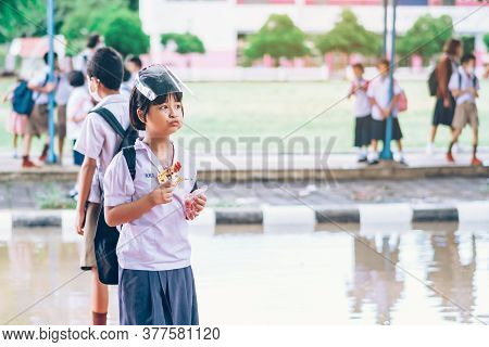 Kanchanaburi,thailand-july 2,2020:unidentified Elementary School Students Wear Face Mask To Prevent 