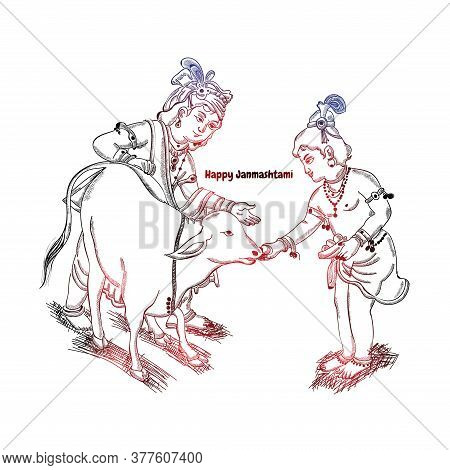 Happy Janmashtami Festival Holiday - Lord Krishna Giving Food To Cow For Eat With His Brother Balara