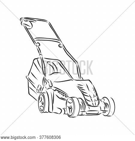Modern Handle Grasscutter Scythe Device On White Ground Space For Text, Lawn Mower, Vector Sketch Il