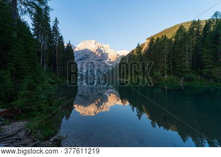 Mountain Landscape With Reflections On The Braies Lake In Val Pusteria, South Tyrol Dolomites