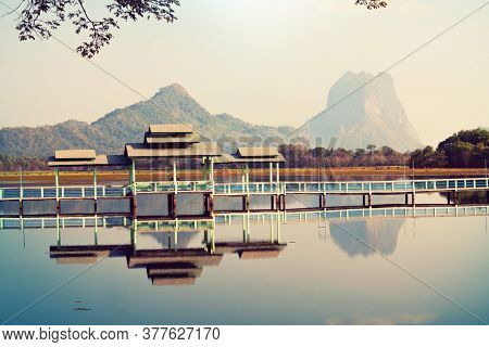 Bridge and pavilion on lake at Hpa-An, Myanmar