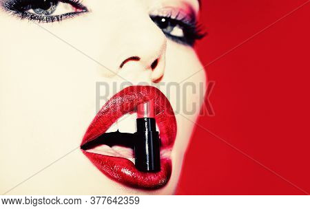 Fashion Lipstick Store - Shopping And Sale. Open Mouth With Lipstick. Women Lips With Red Lipstick. 