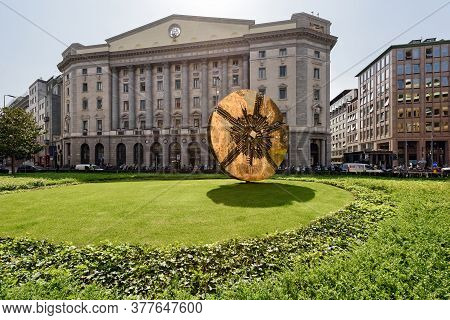 Milan, Italy - April 17, 2018. Disc Of Arnaldo Pomodoro In Front Of Banca Popolare Di Milano On The 