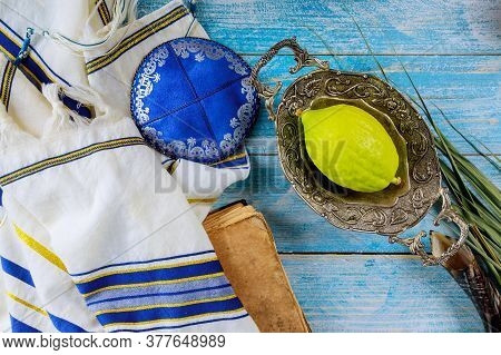 Traditional Symbols Jewish Festival Of Sukkot Etrog, Lulav, Hadas, Arava Praying Book Kippah Tallit 