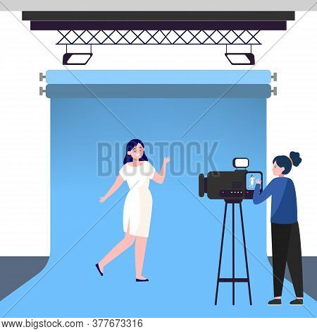 Camerawoman Working With Model In Studio. Filming Video, Blue Backdrop Flat Vector Illustration. Vid