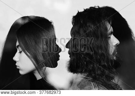 Man And Woman Profile Multiple Exposure Portrait. Codependency And Relationship.