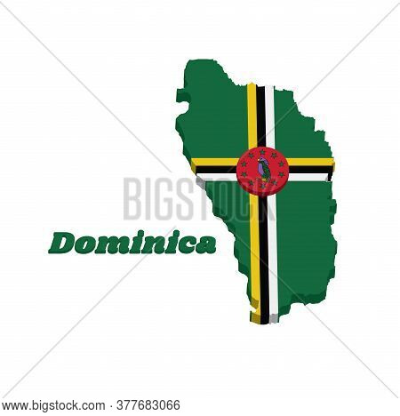3d Map Outline And Flag Of Dominica, A Green Field With The Centred Cross Of Yellow, Black And White