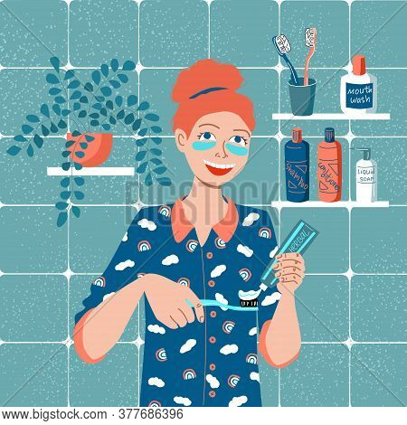 Daily Dental Care. A Girl With Patches On Her Face In Pajamas Brushes Her Teeth With A Herbal Paste 