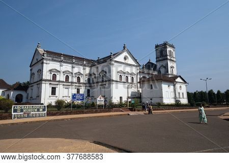 OLD GOA, INDIA - FEBRUARY 18, 2020: Se Cathedral is a cathedral dedicated to Catherine of Alexandria, Old Goa, Goa, India