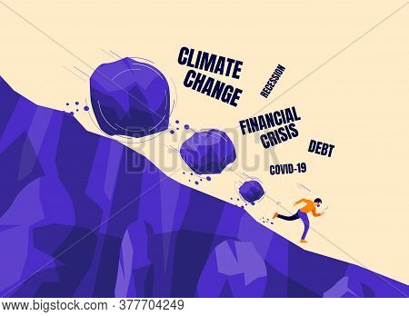 Stone Rocks Rolling Falling Down On A Man With Face Mask Corona Financial Recession, Climate Change