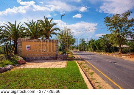Outjo, Namibia - April 4, 2019 : Welcome To Outjo Road Sign Situated At The Entry Of The City Near E