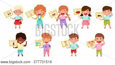 Little Kids Holding Cards With Body Parts Vector Illustration Set