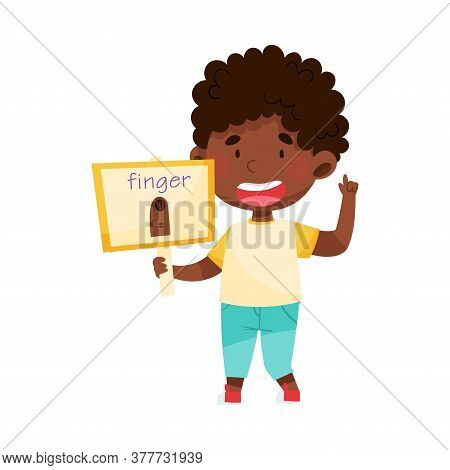 Cute African American Boy Character Holding Flashcard With Finger Image Vector Illustration