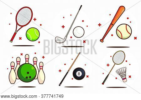 Set Of Sports Equipment. Tennis, Golf, Baseball, Bowling, Billiard, And Badminton Vector