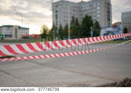 Red And White Striped Warning About Danger And Limited Access Tape Tape. Red And White Striped Stret