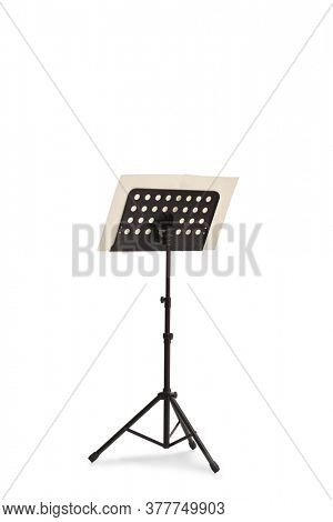 Studio shot of a musical notebook on a stand isolated on white background