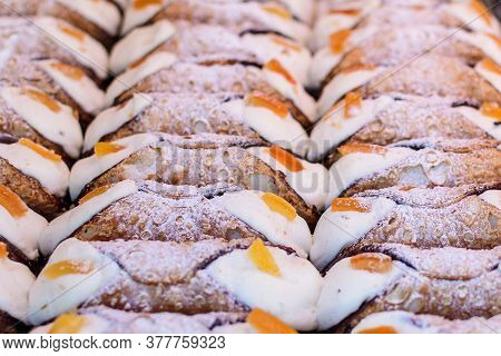 Group Of Freshly Cooked Cannoli Or Cannoli Siciliani, Traditional Sicilian Pastry With Ricotta And F