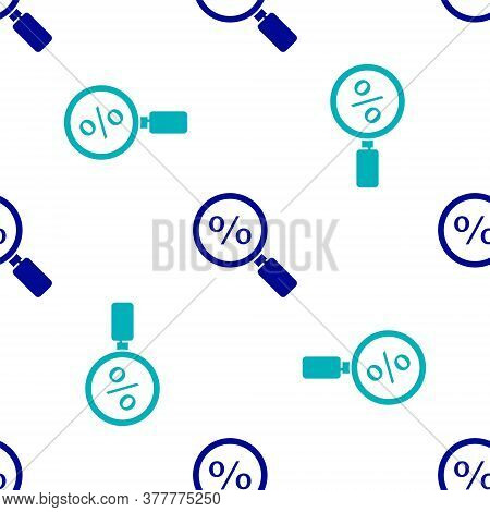 Blue Magnifying Glass With Percent Icon Isolated Seamless Pattern On White Background. Discount Offe
