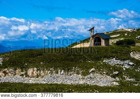 Alpine Church On The Top Of Monte Altissimo Di Nago, Above Lake Garda In Trento, Italy