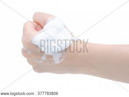 Hand With Panthenol Foam On White Background Isolation