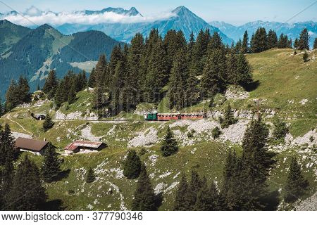 Schynige Platte, Interlaken, Switzerland - August 1 2019 : Stunning View On Mountain Landscape In Be