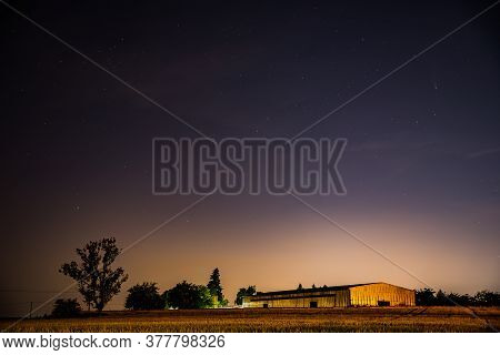 Cestlice, Czech Republic - July 22, 2020. Building Of Shooting Range In The Field At Night With Come