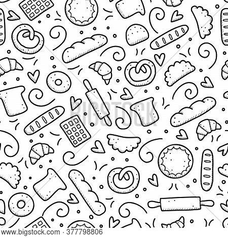 Hand Drawn Seamless Pattern Of Bakery Elements, Bread, Pastry, Croissant, Cake, Donut. Doodle Sketch