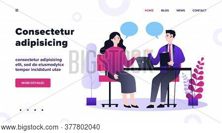 Candidate And Hr Manager Having Job Interview. Business Man And Woman Meeting At Table, Talking With
