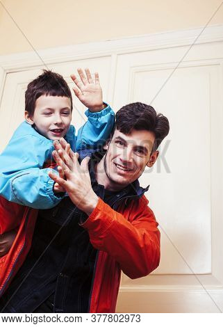 Faher And Son Together Having Fun At Home, Lifestyle Happy Family, People At Home
