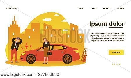 Drivers Upset About Car Breakdown. City Traffic, Engine Failure, Damage Flat Vector Illustration. Au