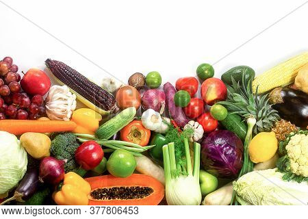 Fresh Vegetables And Fruits Isolated On White Background With Copy Space,colorful Fruits And Vegetab