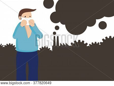 Man Wearing Face Mask Because Of Air Pollution In The City. Air Pollution Concept. Flat Cartoon Char